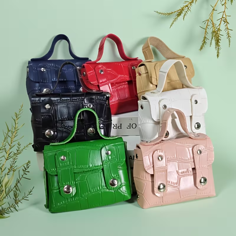 Mini crossbody briefcase purse in multiple colors — black, red, tan, white, green, and pink — croc-embossed faux leather with silver hardware