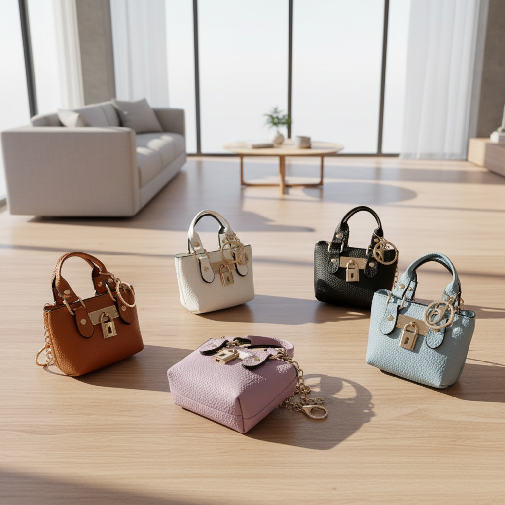 Six mini structured handbags in different colors (pink, white, black, brown, lavender, and light blue) arranged on a white textured fabric background next to a dark blazer.