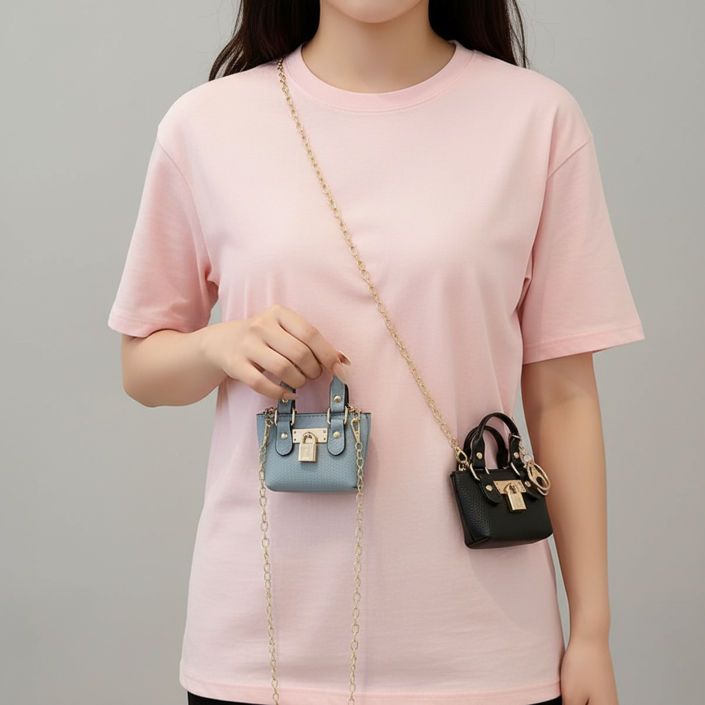 A person wearing a light gray sweatshirt and matching sweatpants models two small handbags: one in light blue and one in black, both with gold-tone chain straps and lock details. The person is shown from the shoulders down, holding one bag in one hand and wearing the other on the crossbody.
