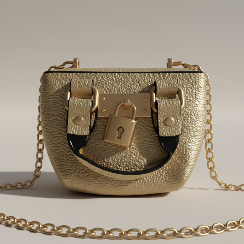 A miniature pebbled leather purse keychain in champagne gold, featuring a gold-tone chain strap, a small padlock detail, and a black handle, displayed on a light blue fabric background.