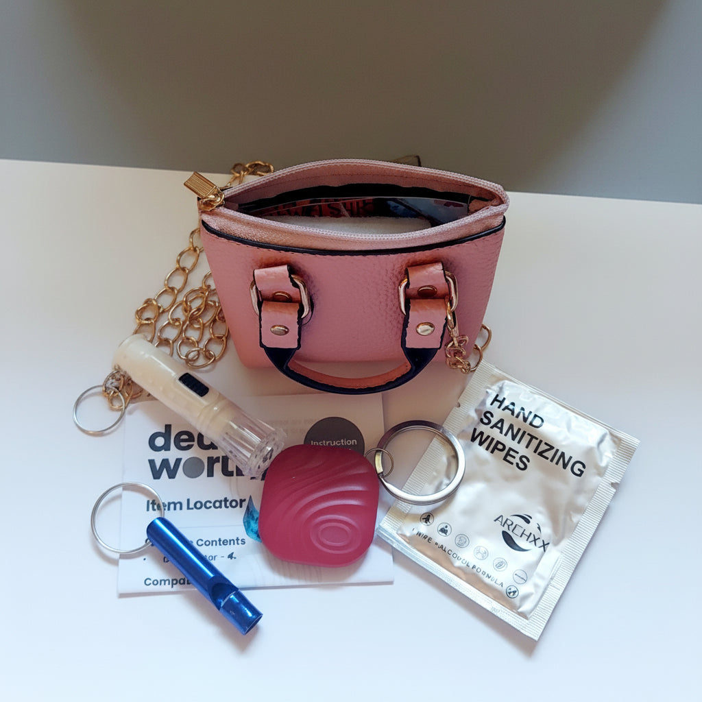 A pink mini handbag with gold chain straps is shown open on a white surface, surrounded by its contents: a pink wristlet or keychain case, a blue pen, a white lip balm tube, a silver keyring, and a packet of Archery hand sanitizing wipes.